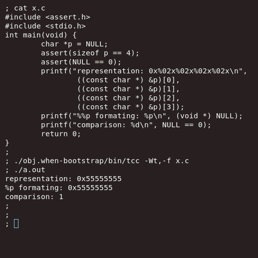 I forgot include assert(NULL == 0) in the above code, just to show that really is still true. So here you go, I added that too :)Incidentally %p's output doesn't *need* to be hex. Its only requirement is that scanf can parse it back. I made one that output colour names once.