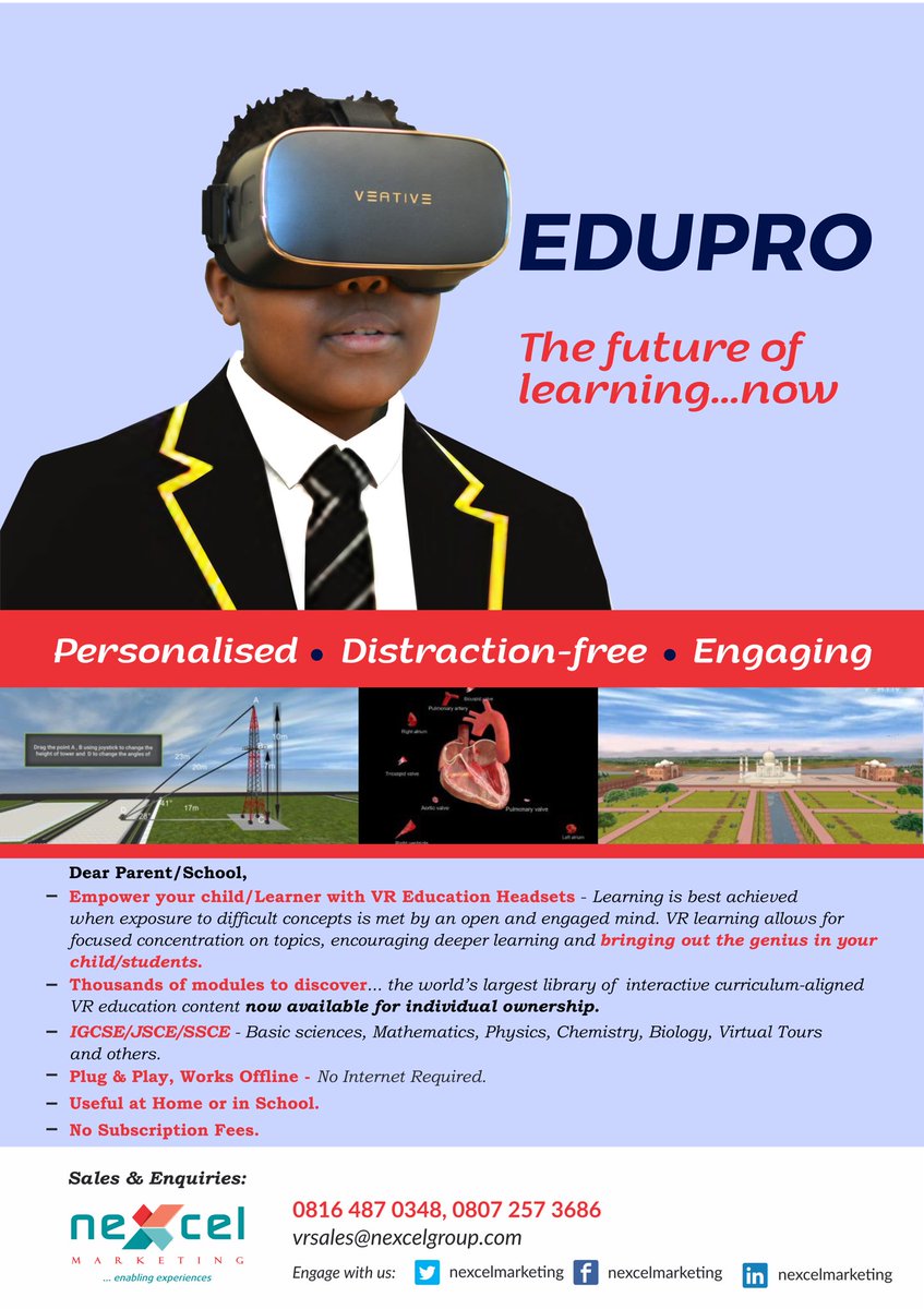 Thinking of the best Summer gift for your children? The Edupro VR Headsets will do the magic ... a great investment to BRING OUT THE GENIUS IN THEM and take care of their learning needs in the #NewNormal  . Call 0816 4870348 or 0807 2573686. Resellers Wanted Nationwide!