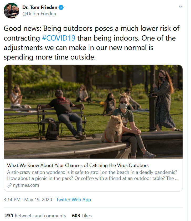22/In May  @DrTomFrieden maintained his credibility by explaining, during anti-lockdown protests, that being outside did in fact have a lower transmission risk then being indoors, even though that lower risk wasn't zero.