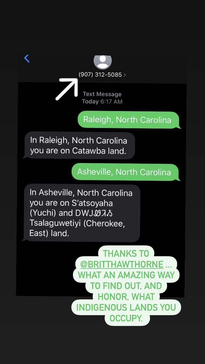 Text this number to find out what Indigenous lands you occupy. Thank you, ⁦<a href="/britthawthorne_/">britt hawthorne (they/she)</a>⁩. Great activity to do with Ss. They could also see what lands their friends and family occupy. What an important intro on honoring land &amp; the horrific impacts of colonization.