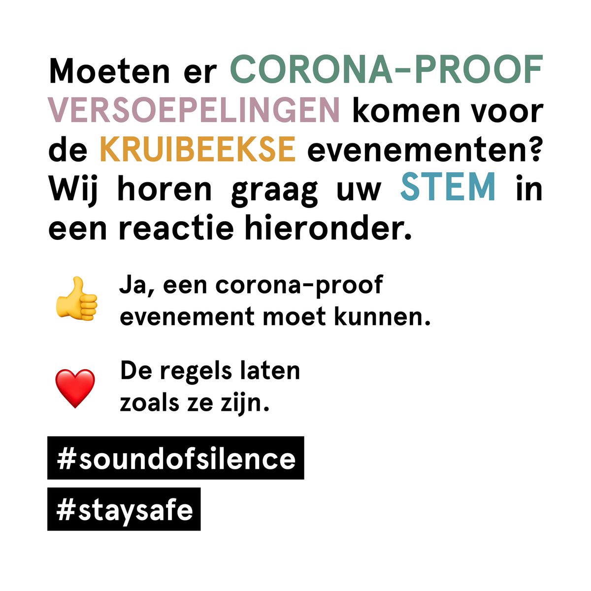 Alle evenementen op Kruibeeks grondgebied zijn verboden t.e.m. 31 december. Dat is veel strenger dan op federaal niveau. Voor een bruisende gemeente als Kruibeke, met heel wat creatieve en culturele organisaties, doet dat pijn.

We horen graag jullie stem. #soundofsilence