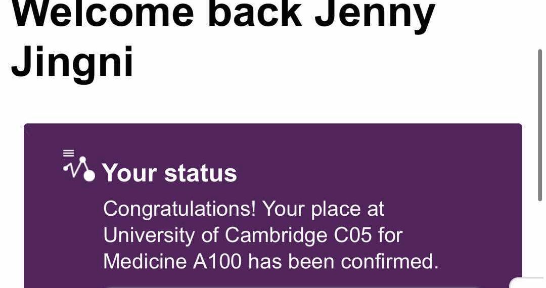 JennyYang2001's tweet photo. So excited that I will be studying Medicine at Cambridge come October! 😁🎉 https://t.co/3xNgqBqqki
