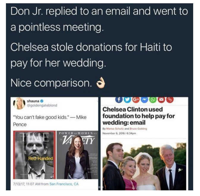 Here's an example of it:- Justify + Dismiss + Normalize: "Replied to an email and pointless meeting- Redirect: "Chelsea stole donations for Haiti to pay for her wedding"(64)