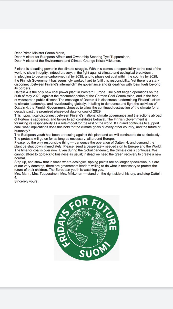 FFFSuomi's tweet image. Here is our updated open letter demanding the coal power plant Datteln 4 is closed immediately.
We demand urgent action to be taken by the Finnish Government.
Since our message has apparently been unclear, we'll be organising demonstrations across Europe tomorrow, 14th of August.