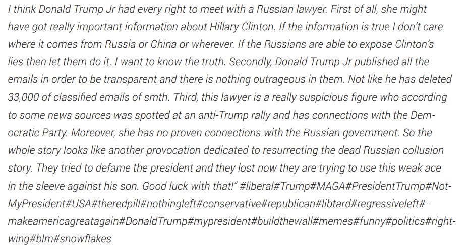 See picture below for a written example of justifying, dismissing, normalizing and redirecting when it comes to Donald Trump Jr meeting with the Russians in Trump tower for dirt on Hilary Clinton. Remember: "I love it" - Donald Trump Jr(65)