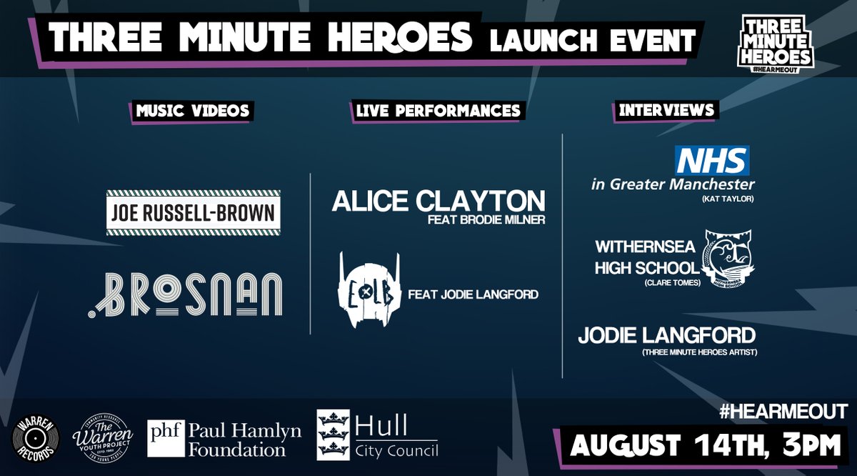 The Warren Youth Project (@thewarrenyp) on Twitter photo We go LIVE tomorrow at 3pm for our <a href="/3minuteheroes/">Three Minute Heroes</a> Launch Event!
➡️facebook.com/events/6147379…
Tune in for a jam packed hour of brand new music from young people & local artists!
<a href="/3minuteheroesgm/">@3MinuteHeroesGM</a> <a href="/WithernseaHigh/">Withernsea High School</a> <a href="/phf_uk/">Paul Hamlyn Foundation</a> <a href="/Kofi_Smiles/">A Scimitar Tongue</a> @EmmaHardyMP <a href="/communikatt/">Kat Taylor</a> <a href="/alanraw/">Alan Raw FRSA</a> <a href="/LordHull/">Former Lord Mayor of Kingston Upon Hull</a> #Hull We go LIVE tomorrow at 3pm for our <a href="/3minuteheroes/">Three Minute Heroes</a> Launch Event!
➡️facebook.com/events/6147379…
Tune in for a jam packed hour of brand new music from young people & local artists!
<a href="/3minuteheroesgm/">@3MinuteHeroesGM</a> <a href="/WithernseaHigh/">Withernsea High School</a> <a href="/phf_uk/">Paul Hamlyn Foundation</a> <a href="/Kofi_Smiles/">A Scimitar Tongue</a> @EmmaHardyMP <a href="/communikatt/">Kat Taylor</a> <a href="/alanraw/">Alan Raw FRSA</a> <a href="/LordHull/">Former Lord Mayor of Kingston Upon Hull</a> #Hull