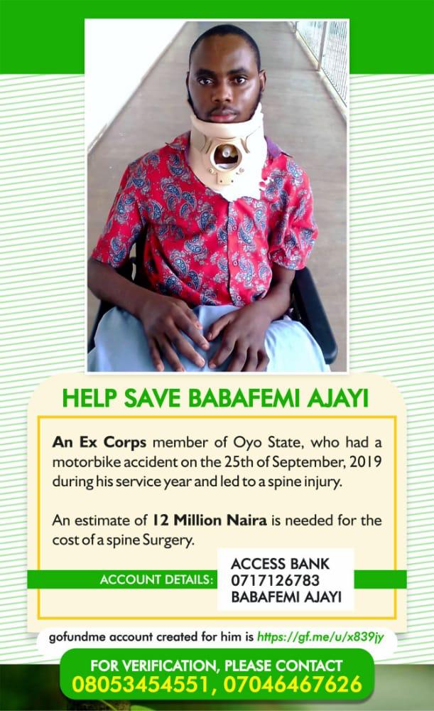 moladeajisebutu's tweet photo. Please let's support Babafemi and let's make him.walk again.
No amount is too small๐๐ฝ.
Please Retweet and tag people that can support him
Check below flyer for more details
cc: : @seyimakinde @DONJAZZY @OgbeniDipo @segalink
#HelpSaveBabafemi https://t.co/mldxkIKDFp