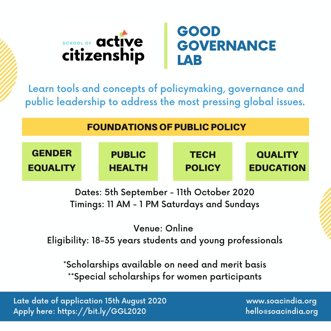 asefedu's tweet photo. 📣 #OpenCall by @soacindia
18-35 student or young professional? ✔️
Join the Good Governance Lab 2020 from 5 Sep – 11 Oct!
#PublicPolicy #GenderEquality #PublicHealth #QualityEducation #TechPolicy
Apply by 15 August 2020: https://t.co/rMDtdgEIFZ
#ASEFEduPartner #YoungLeaders https://t.co/tjfXvgKmHI