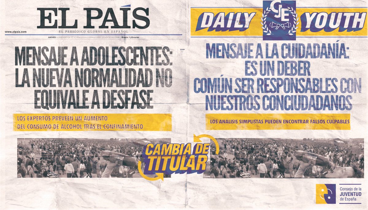 _CJE_'s tweet photo. ¿Nos ayudas a #CambiarDeTitular? Los mensajes negativos sobre la juventud y su papel ante el coronavirus extienden estereotipos que no se corresponden con la realidad. Es imprescindible que los medios se ajusten lo máximo posible a la información veraz para evitarlo 🔎
@el_pais https://t.co/xfoTvwGeRE