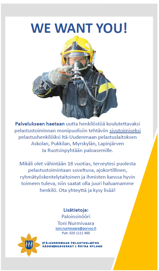 Eilen illalla pidettiin <a href="/IUPELA/">Itä-Uudenmaan pelastuslaitos</a>  sivutoimisten paloasemiemme rekrytointia koskeva tilaisuus. Paikallismediat myös mukana, kiitos <a href="/uusimaauutiset/">Uusimaa</a> , <a href="/itavaylalehti/">Itäväylä Viestintä</a> ja Orimattilan Sanomat. Pelastusjohtajan <a href="/PeterRJohan/">Peter Johansson</a> alustuksella jäsenhankinta käyntiin!