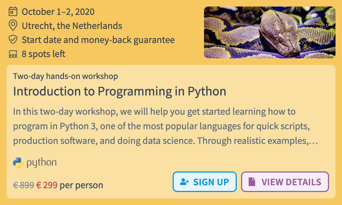 Join us for a hands-on workshop *Introduction to Programming in Python* on October 1 &amp; 2 presented by <a href="/jeroenhjanssens/">Jeroen Janssens</a>. Info and signup at datascienceworkshops.com/catalogue/intr… 

#python #programming #datascience #workshop