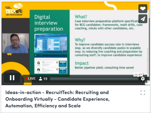 AmitKmr99's tweet photo. What I like is the Virtual Digital Interview process
@BCG
#Casecoach a tool prepares a candidate for consulting interview. Saves time, and gives a chance for candidate to candidate communication.
Thanks, Rahul Guha, Managing Director , BCG #TechHRIN
@PeopleMatters2 https://t.co/KDKPCF6mqf