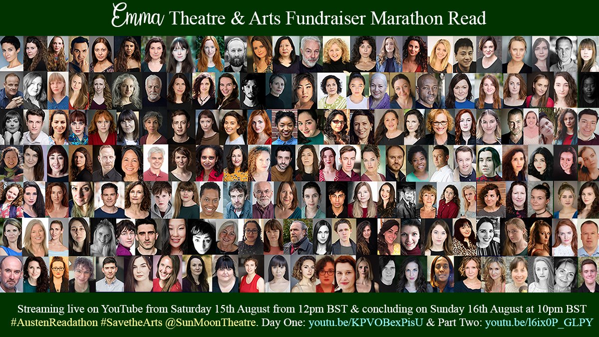 SunMoonTheatre's tweet photo. The #Emma #AustenReadathon is taking place on 15th-16th August to raise funds for theatres &amp; arts organisations. Over 160 performer-readers participating! Join us for Part 1 on Saturday 15th: https://t.co/2Wupm8wB3Q &amp; Part 2 on Sunday 16th: https://t.co/yRXSpipZV2 #SavetheArts https://t.co/NU9r0x9WBc