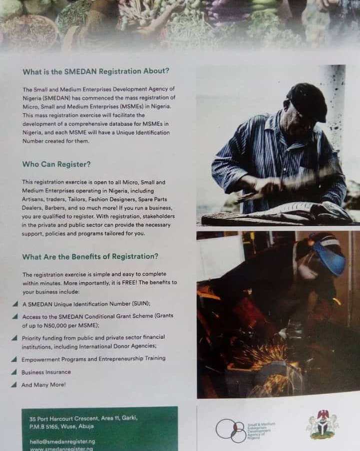 sellyourselfng's tweet photo. The Small and Medium Enterprise Development Agency of Nigeria (SMEDAN) has commenced the mass registration of Micro, Small &amp; Medium Enterprise (MSMEs) in Nigeria

Find more details in the pics

#SellYourselfNG #SME #SMEDAN 
#MSME #REGISTRATION #NIGERIA #Npower #EFCC #Buhari https://t.co/4awtonKVgU