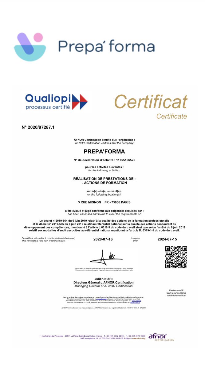 PREPAFORMA est désormais certifié #QUALIOPI  #RNQ par #AFNOR certification après 4 ans de certification AFAQ formation professionnelle AFNOR. #pharmacie Formations « cœur de métier » dédiées à toutes les activités du préparatoire et aux gestes de secours prepaforma.com