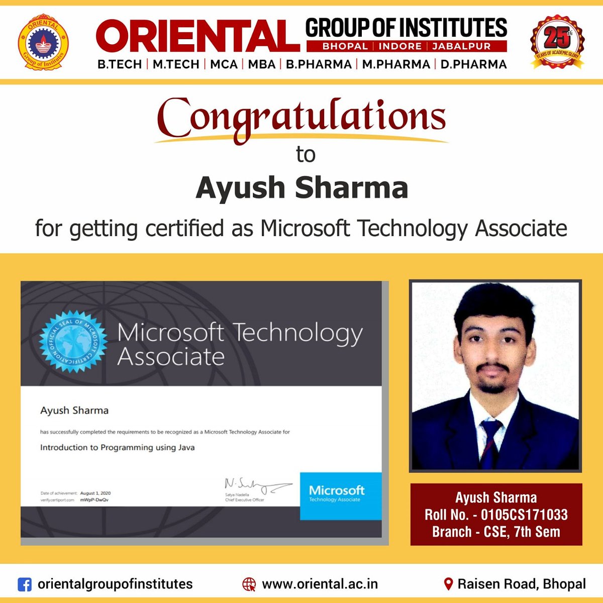 GroupofOriental's tweet photo. Congratulations !!! 

#OrientalGroupofinstitutes
#OrientalInstituteofScience&amp;Technology #BTech #MTech #MCA
#Engineering #MBA #Pharmacy
#OIST #OCT #OCM #OCP
#Orientalbhopal
#TopEngineeringCollege
#Bhopal
#MadhyaPradesh https://t.co/rXpib8CZtf