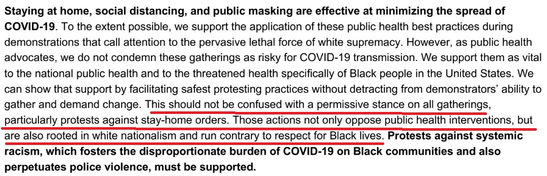 9/ It gets worse. In that exact same paragraph they claim that opposition to stay-home orders is "rooted in white supremacy."They say opposing stay-home orders because you're losing your home and want leave your house to get a job to pay the mortgage, that's white supremacy.