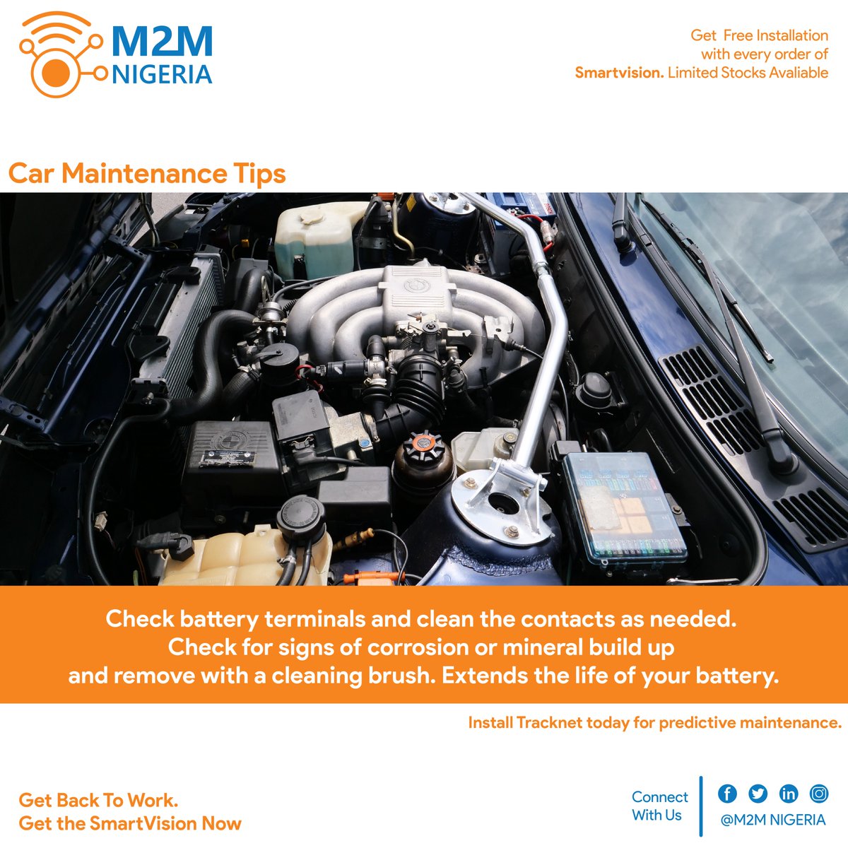 M2MNigeria's tweet photo. Getting ready for the day ahead? 
These car maintenance tips could help you avoid unnecessary delays to and from work. 
Could also help you prolong the life of your car battery. 

#telematics #fleetmanagement #electricvehicles #carsafety #predictivemaintenance #batterymonitoring https://t.co/o3WsQNFgLN
