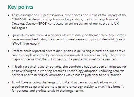 Now published- results of our <a href="/BPOSUK/">BPOS UK</a> professionals survey exploring the impact of COVID-19 on psycho-oncology activity in the UK. Thank you to everyone who shared their views: onlinelibrary.wiley.com/doi/full/10.10…