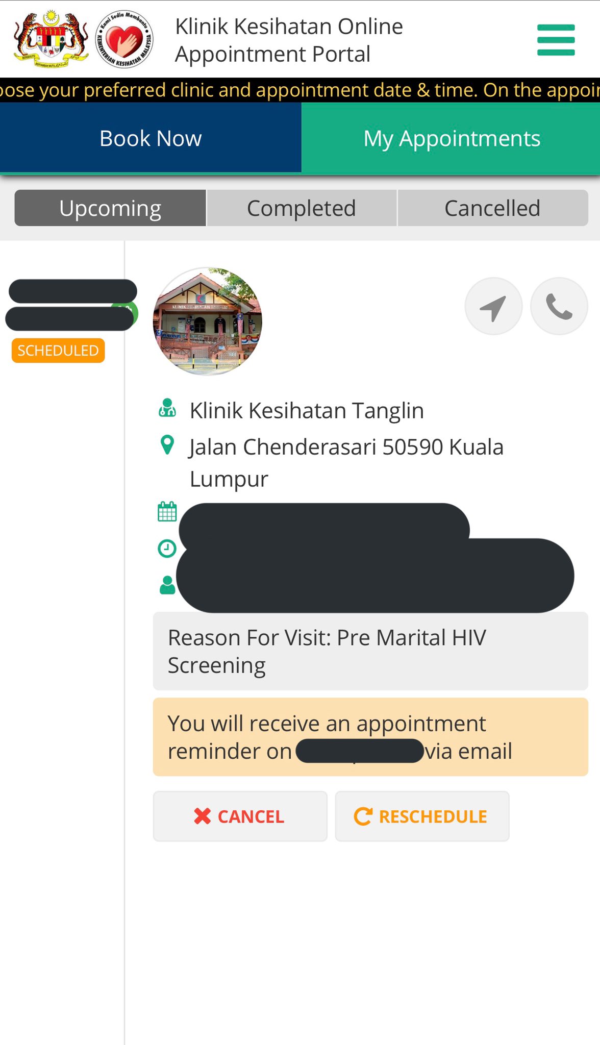 Test booking kesihatan hiv klinik Temujanji Klinik