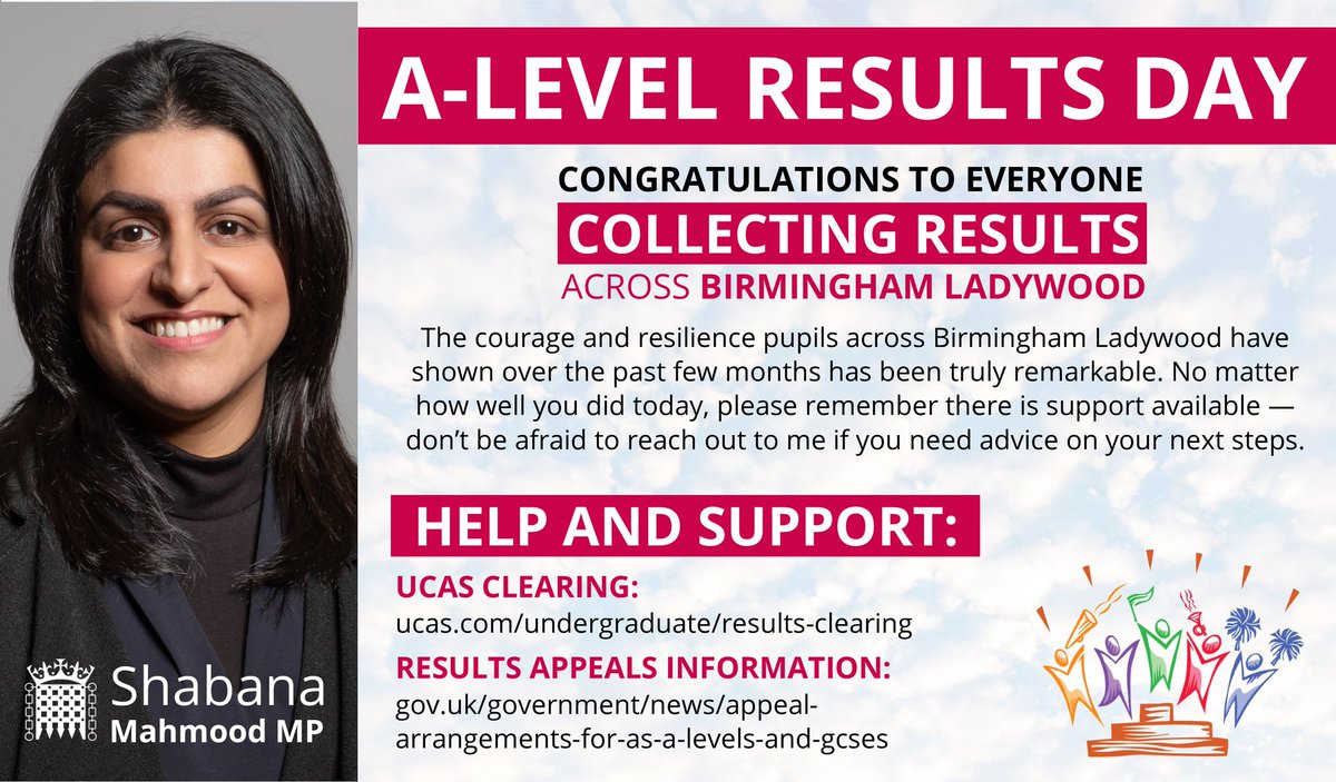 👏 Thinking of everyone nervously waiting for results across Birmingham Ladywood this morning — best of luck!

Whether you get the results you're hoping for today or not, please remember there is support available.

🔗 Find support on my Facebook page >> facebook.com/93264487681917…