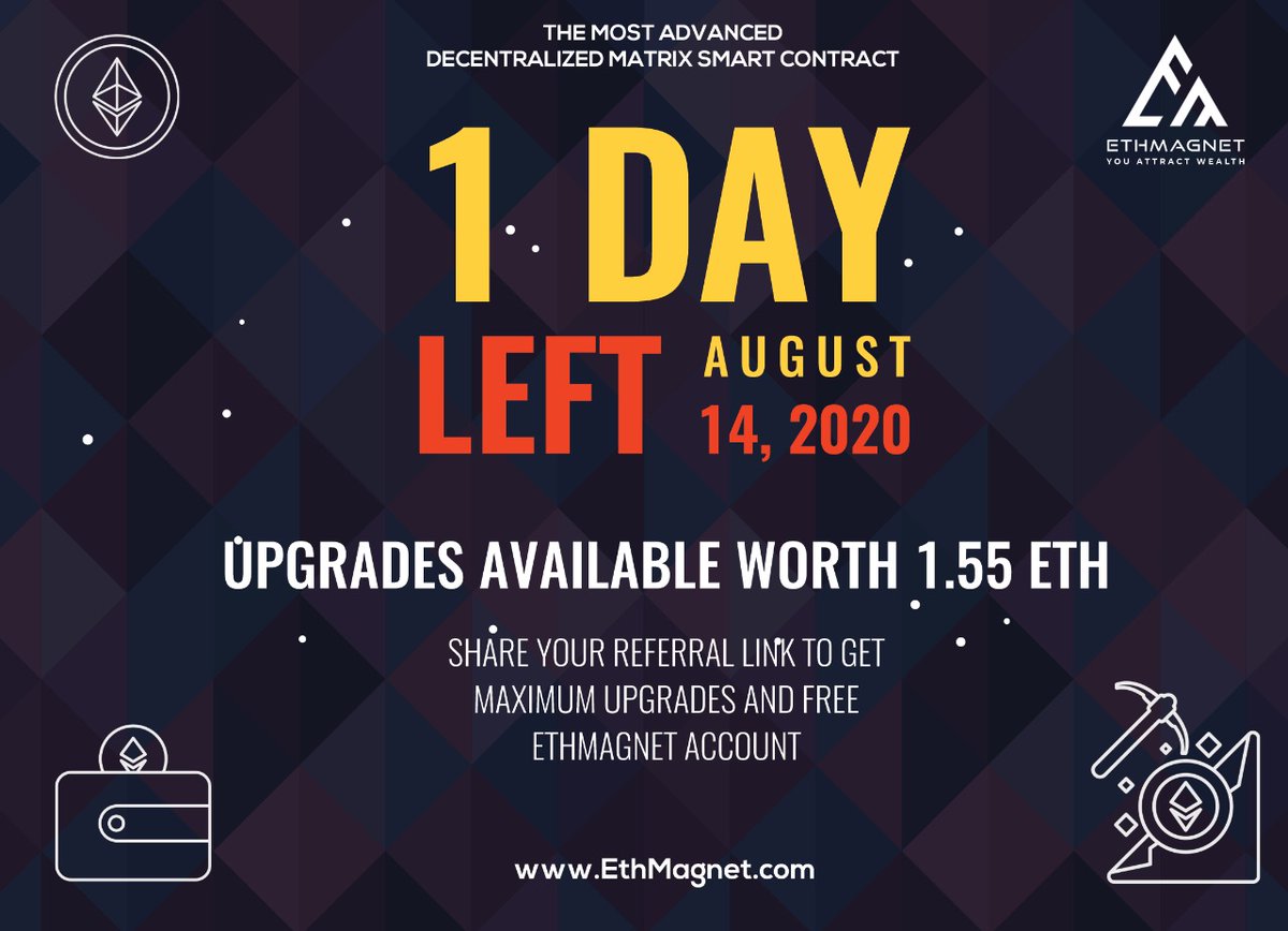 The Final day to join Airdrop &amp; Bounty Campaigns is TODAY. You will get to earn a figure you never thought of. So, rush to ethmagnet.com and get a free ACCOUNT worth 20 DOLLARS today. THIS IS THE FINAL CALL. Don’t make the mistake to miss it!