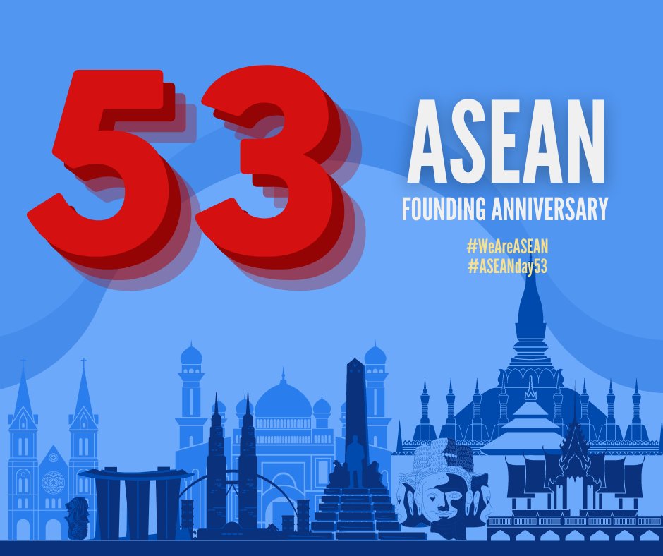 BangkoSentral's tweet photo. ASEAN at 53. Let us continue working together for a more vibrant ASEAN community.
Read the message of President Rodrigo Roa Duterte on @ASEAN 's 53rd founding anniversary.
https://t.co/OkLLZulmgb
#WeAreASEAN
#ASEANDay53
#ASEAN53 https://t.co/YRj6tM6zWZ