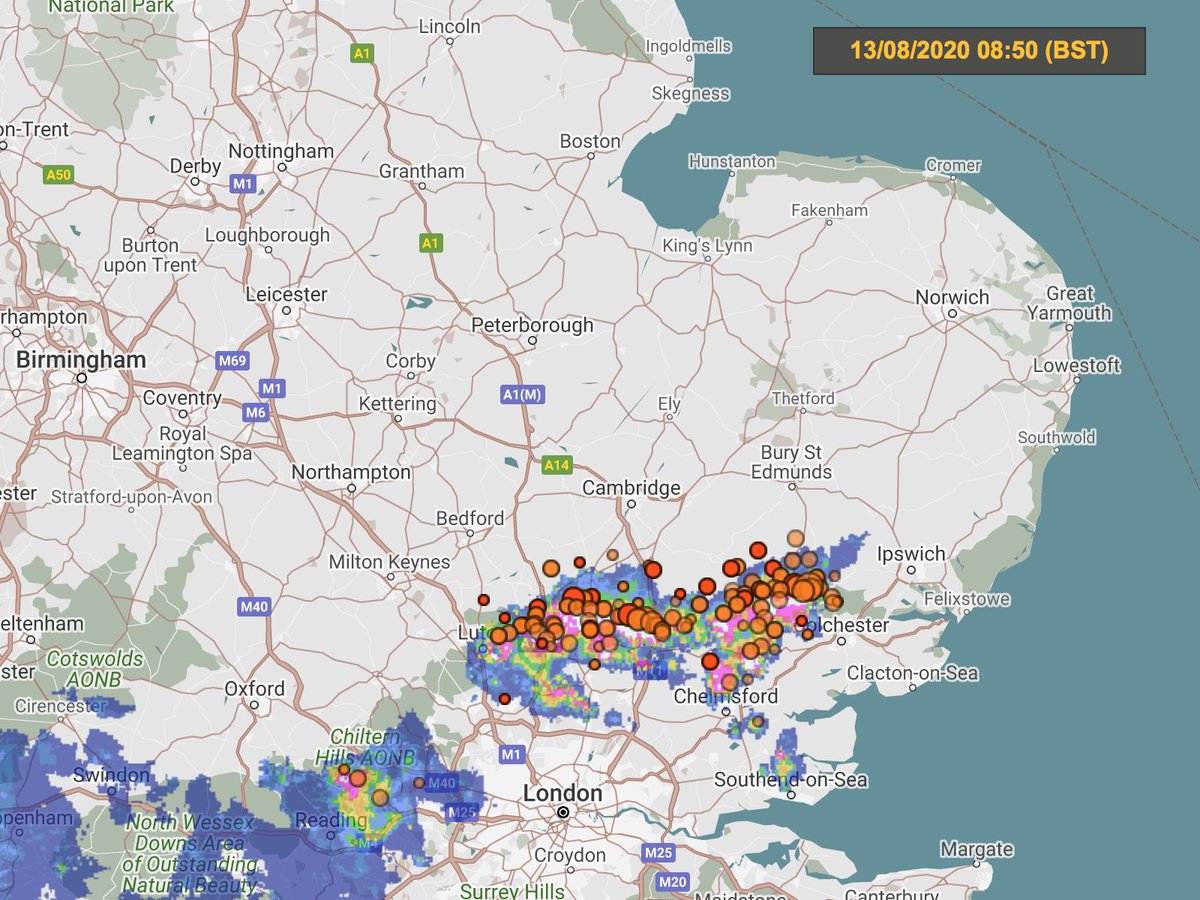 danholley_'s tweet photo. EAST: Quite an active cluster of thunderstorms over north Essex and into Hertfordshire, drifting west-northwestwards towards #Cambridge, #Luton and possibly #Bedford later. Tricky driving conditions on M11 between A11 and #Stansted, and A1(M) between #Stevenage and #Letchworth https://t.co/94kKy9MyzK