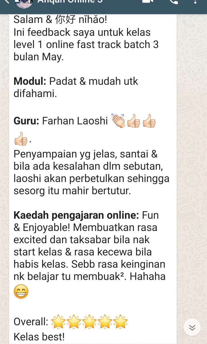 Boleh baca FEEDBACKS POSITIVE daripada pelajar kami! Seramai 300+ sudah belajar Bahasa Cina Mandarin dgn kami sejak tahun lalu! 

Terima kasih kepada semua clients, pelajar yang begitu SEMANGAT &amp; ENJOY kelas kami secara online &amp; offline! ☺️🌹

Tunggu apa lagi? SERTAI kami skrg!