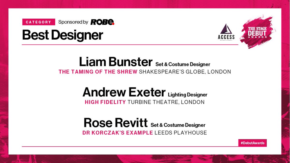 Congratulations to our nominees for Best Designer, sponsored by Robe Lighting at The Stage #DebutAwards including Liam Bunster, Andrew Exeter and Rose Revitt.

See the full shortlist here bit.ly/3fNJhuC