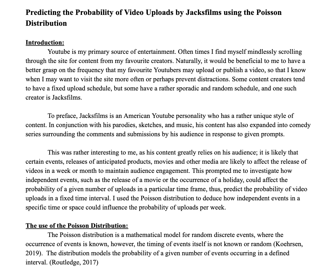 whathaveidone22's tweet image. I do the IB and for my math IA I used the fish distribution to predict the probability of @jacksfilms uploading. Since exams were cancelled this year this was one of the few things (if not the only thing) they could grade me on, and whaddya know I got a 7/7 in maths.