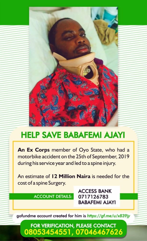 theManWale's tweet photo. Babafemi who had a motorbike accident that led to a severe spine injury is required to undergo a Spine Surgery that would cost over 12 million naira. He needs our help. Pls, don't ignore @davido @cuppymusic @DONJAZZY @akinalabi @OgbeniDipo @Mazigburugburu1 #HelpSaveBabafemi https://t.co/ydW7YSuRUj