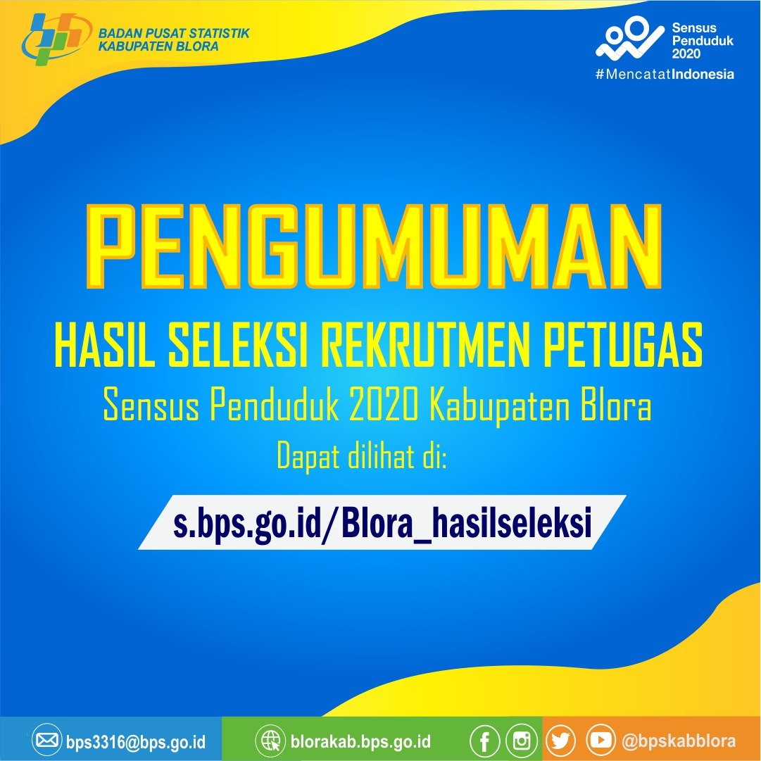 bpskabblora's tweet photo. Selamat buat #sobatdata yang lolos sebagai calon Petugas SP. Silahkan dibaca pengumumannya ya!
Bagi yg belum lolos. Tetap semangat menyambut masa depan!
https://t.co/hAq6S5Mpag
#sp2020
#bpsblora
@bps_statistics
@bpsprovjateng https://t.co/VXWh0CeZbk