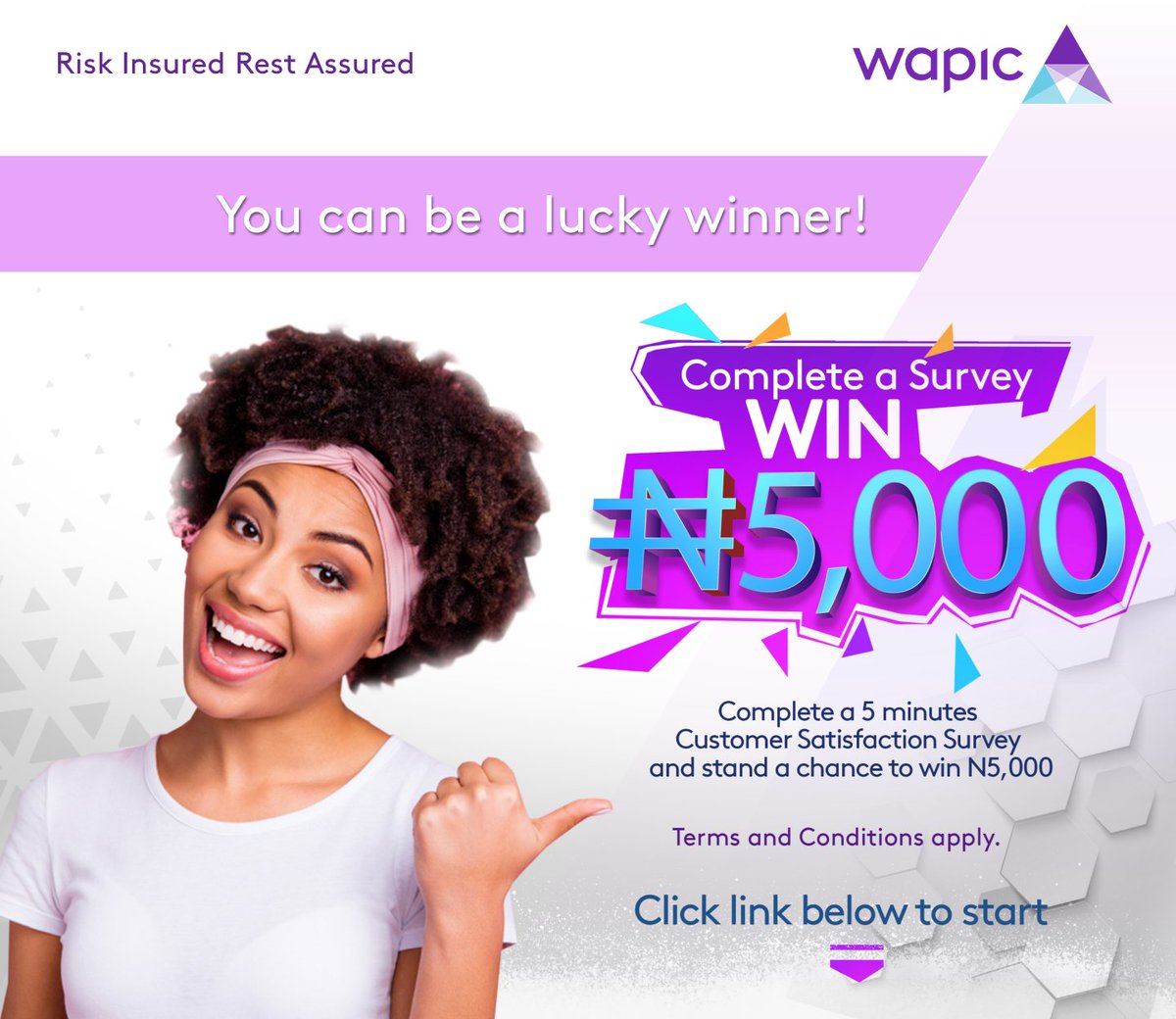 coronation_ng's tweet photo. You can be a Lucky Winner! Complete a 5 minutes Customer Satisfaction Survey and stand a chance to win N5,000. Click link below to start:
https://t.co/imaTpz2Rm9
#WapicCare #CustomerService #MyWapic #Insurance #WapicInsurance #InsuranceInNigeria https://t.co/fluFRG43C6