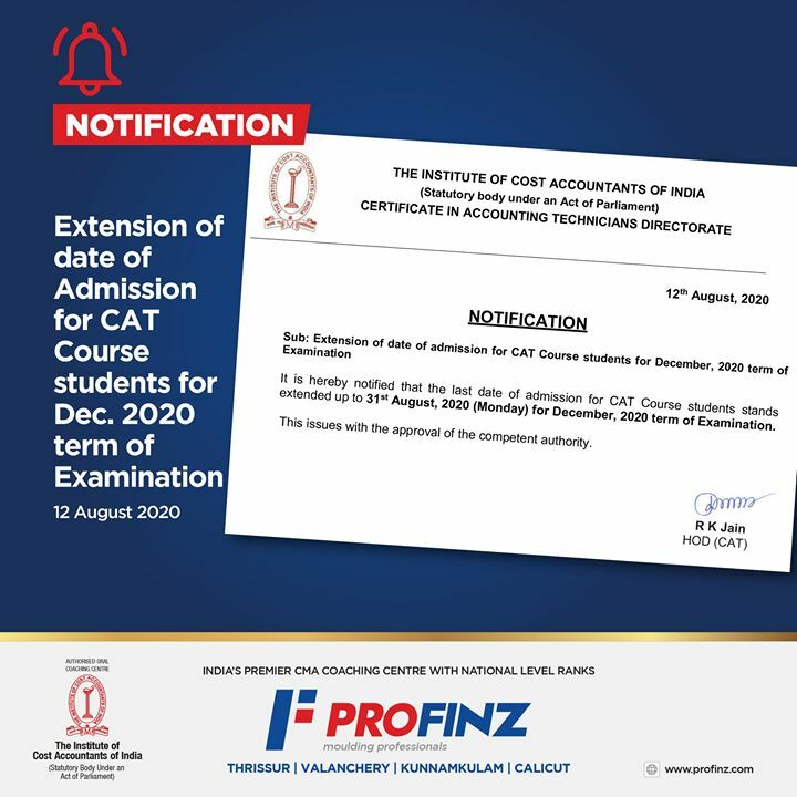 ProfinzCMA's tweet photo. Extension of date of Admission for CAT Course students for Dec. 2020 term of Examination.
Read the full PDF from here: https://t.co/D42w0AzDYE
#CMA #ICAI #profinz #MoveForward https://t.co/tZM8Z7A5pg