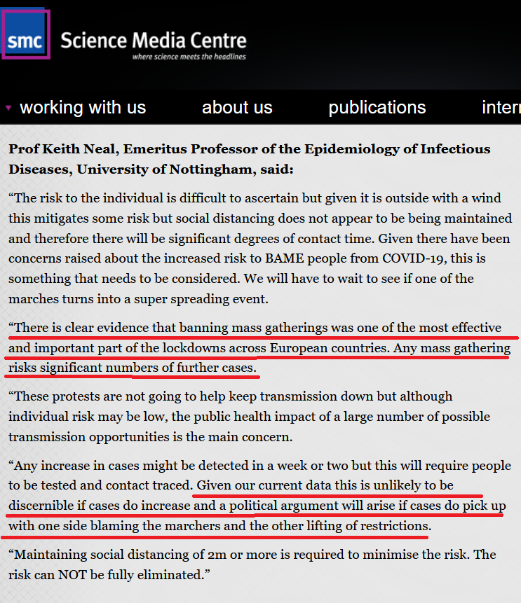 11/On June 8th Keith Neil, epidemiologist at University of Nottingham, said large gatherings create transmission risk, although this is mitigated by being outdoors. An analysis shared by the National Collaborating Centre for Environmental Centre.... https://ncceh.ca/documents/guide/covid-19-and-outdoor-safety-considerations-use-outdoor-recreational-spaces