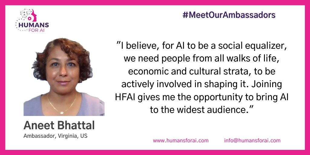 humans_ai's tweet photo. At Humans For AI , we believe that artificial intelligence is going to change life as we know it today! Meet Aneet Bhattal from Virginia, she is passionate for data and has over 20 years of experience in software designing.  #meetourambassador #AI #aidiversity  #humansforai https://t.co/GvdS7Y2eJu