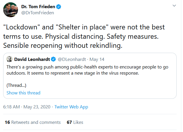 23/ @DrTomFrieden continues to provide a masterclass in credibility here by admitting the term "lockdown" was wrong. HE ADMITS A MISTAKE. He doesn't lie, or cover up. He admits the focus should have been on physical distancing, safety, and sensible reopening. This is important...