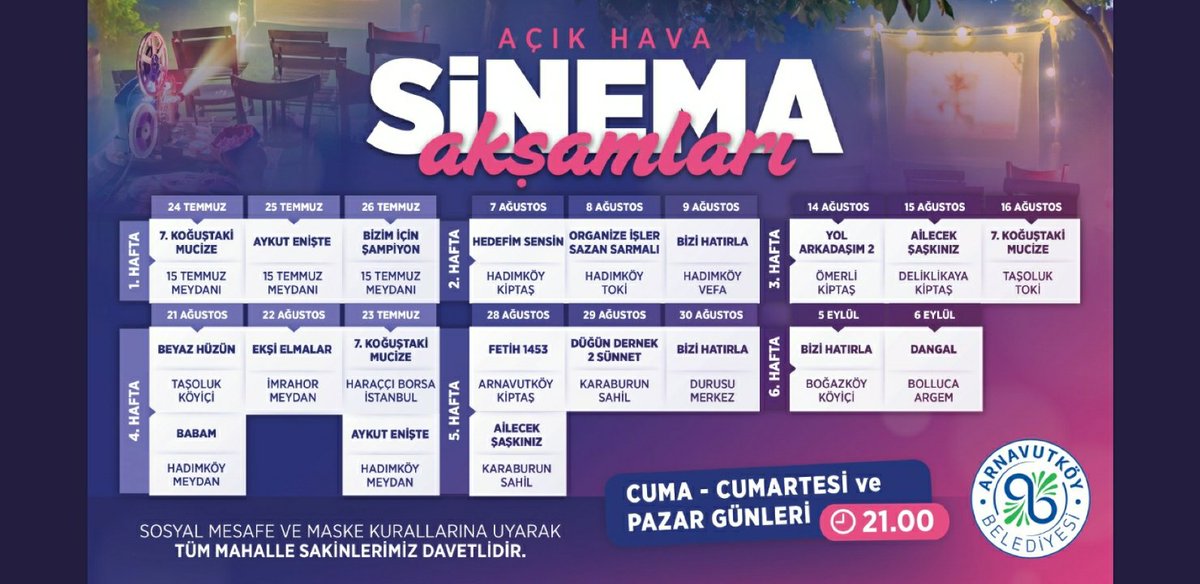 Komşularımızın Dikkatine..!
Arnavutköy Belediyesi Açık Hava Sinema Etkinliğinde Yarın Akşam.. 💁‍♀️

📽 Film: Yol Arkadaşım 2
⏰ Saat: 21.00
📌 Yer: Sitemiz İftar Etkinliği Alanı.
Sosyal mesafe ve maske kurallarına uyarak, yıldızların altında sinema keyfine bekliyoruz.