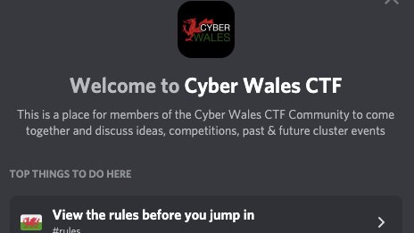 Following the CTF Cluster Meeting yesterday, we now have a discord channel for all things CTF in Wales.  Join now using the link on the CTF Cluster webpage... 

cyberwales.net/clusters/ctf/