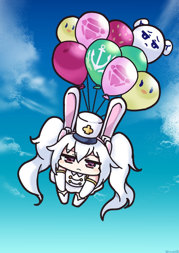 laffey (azur lane) ,manjuu (azur lane) 1girl balloon animal ears white hair rabbit ears twintails chibi  illustration images