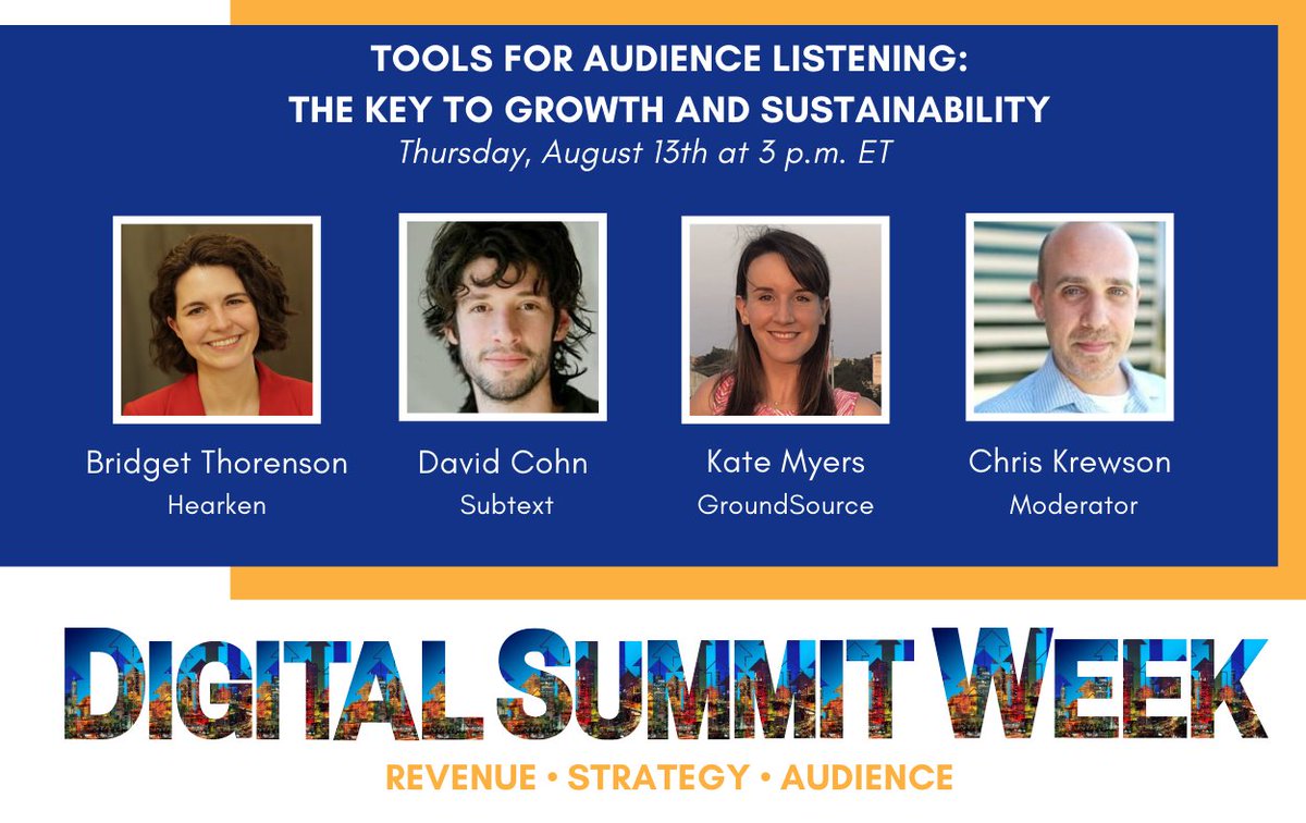 LocalMediaAssoc's tweet photo. Audience listening is essential to sustainability and quality reporting. Moderated by @CKrewson, hear from @WeAreHearken, @JoinSubtext, and @GroundSource on ways local media are using tools and methods to grow during COVID-19 and beyond. #DigitalSummitWeek https://t.co/7TFP94O6LT https://t.co/fZXoynO9Tf