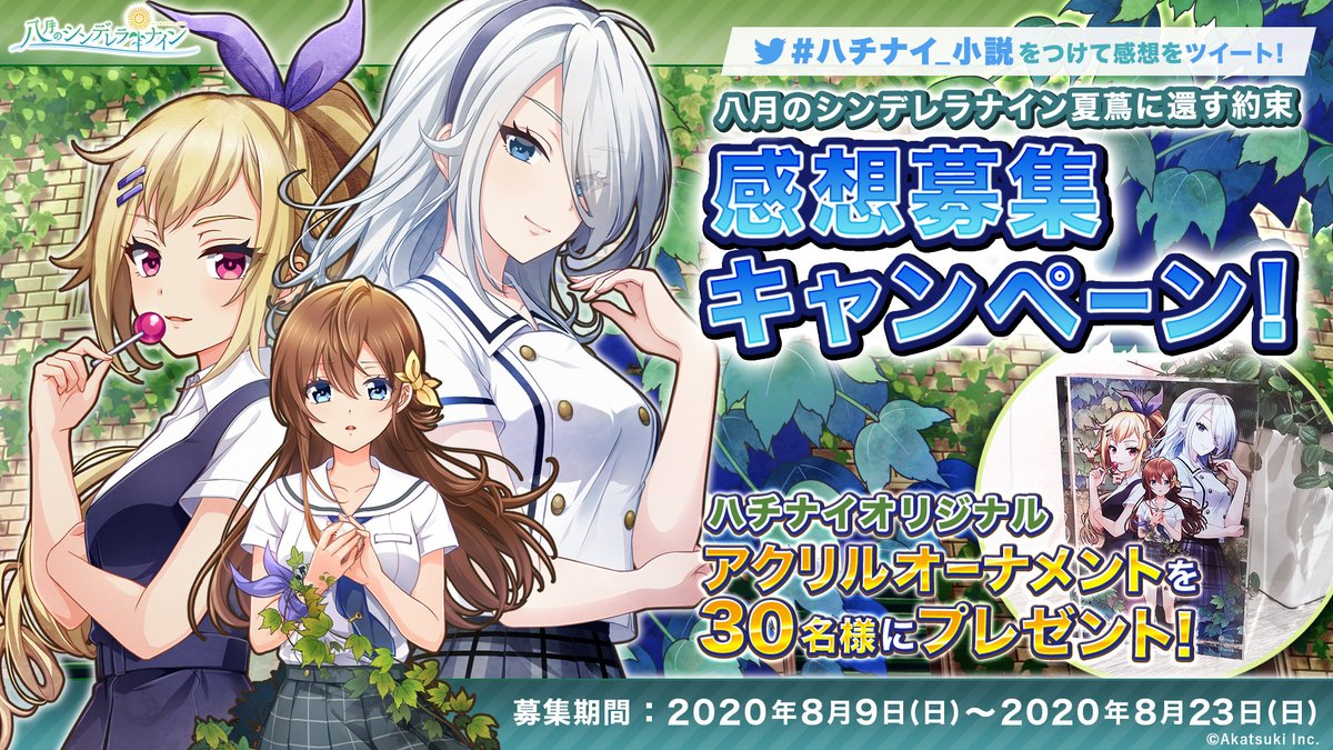 公式 八月のシンデレラナイン ハチナイ バレンタインイベント開催中 V Twitter ハチナイ小説 感想募集キャンペーン開催中 ハチナイ 小説 をつけて 八月のシンデレラナイン 夏蔦に還す約束 の 感想を投稿してください 募集期間は 8月23日 日 23 59まで