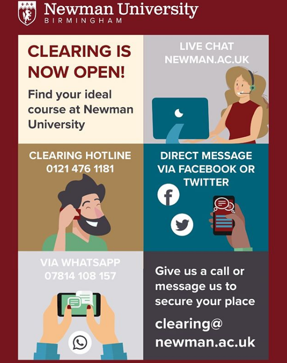 Newman_Uni's tweet photo. Clearing is now open 😊

Tweet us, Facebook message us, call us, WhatsApp message us or talk to us on LiveChat to apply for your course.

https://t.co/7KANvTsPCe

#ChooseNewman
#Clearing
#Clearing2020 https://t.co/FB9SY63Tu2