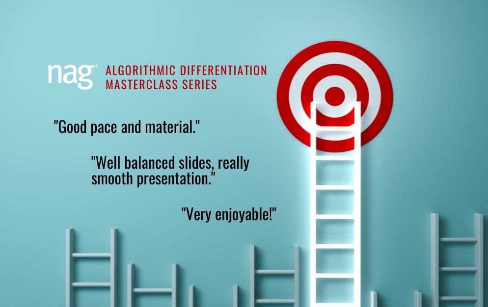 NAGTalk's tweet photo. Great #AlgorithmicDifferentiation Masterclass feedback - still time to catch-up and attend https://t.co/9vLLaZdigN. A unique (and free) opportunity to learn extensively about AD. Attendee questions covered in these post-class blogs https://t.co/ik7BoollpW #learning #programming https://t.co/JAAh0jn8hk