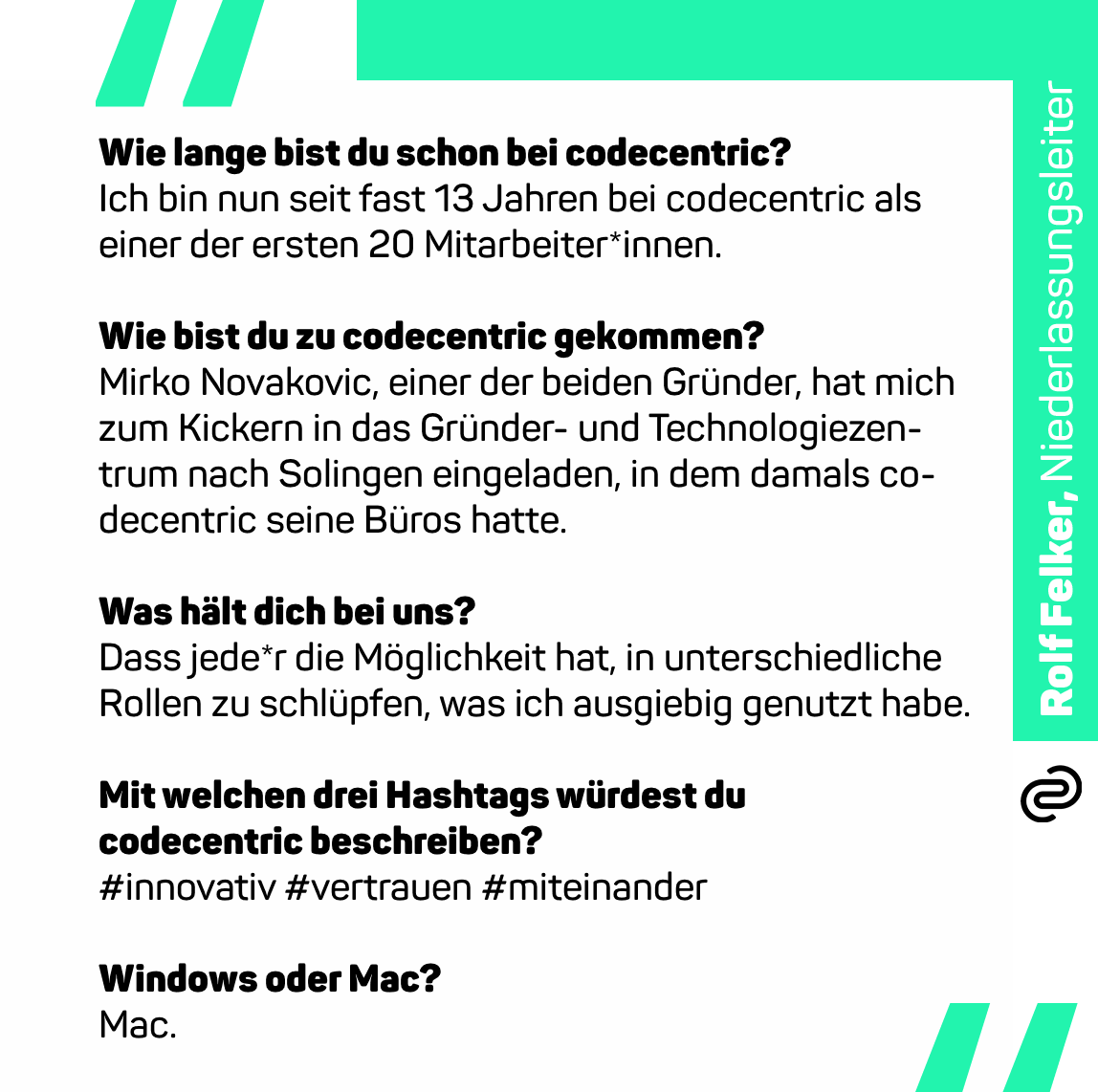 codecentric's tweet photo. 🐇Ein weiterer alter Hase stellt sich vor: @RolfFelker war unter den ersten 20 Mitarbeiter*innen bei codecentric und ist heute Standortleiter in Solingen.
⚡Im Blitz-Interview erzählt er, wie alles anfing und was ihn bei uns hält.
#mitarbeiterbindung #codecentriccrew #tbt https://t.co/ftny3rbOTE