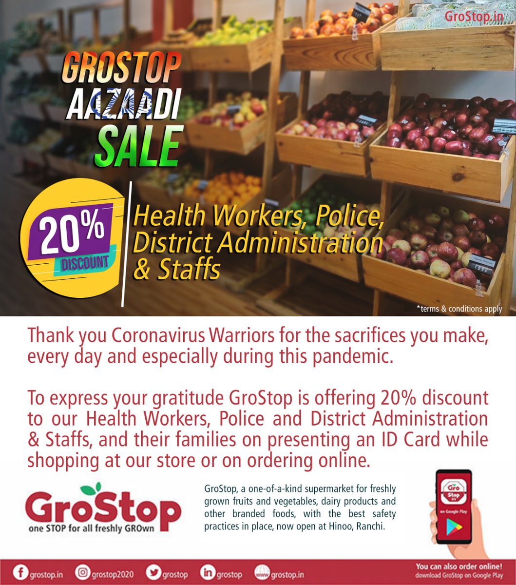 WeAreRanchi's tweet photo. #GROSTOPAAZADISALE इस स्वतंत्रता दिवस कर रहा है #CORONAWarriors को सलाम। इस #IndependenceDay2020 #GroStop से करें खरीदारी और पाएं 20% की छूट.
#SaluteWarriors
@DC_Ranchi
@DDC_Ranchi
@DproRanchi
@ranchipolice https://t.co/rRUTnUqx0m