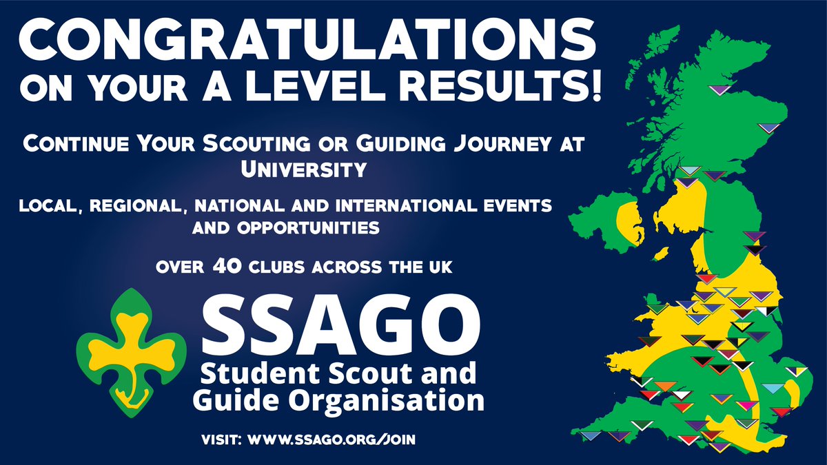 Congratulations on your A Level Results!

SSAGO is your opportunity to meet like minded people, take part in loads of fun events and continue with @UKScouting and <a href="/Girlguiding/">Girlguiding</a> at university or higher education college.
