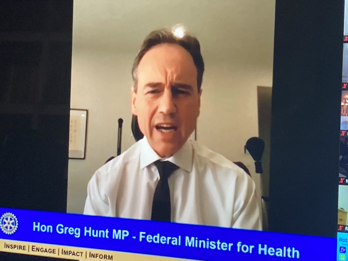 RotaryHawthorn's tweet photo. Federal Minister Greg Hunt speaking time Zoom meeting Rotary Brighton, Vic.
#COVID19Vic #CovidVic #Covid19VicData #COVIDIOT https://t.co/pamSIGZs8R