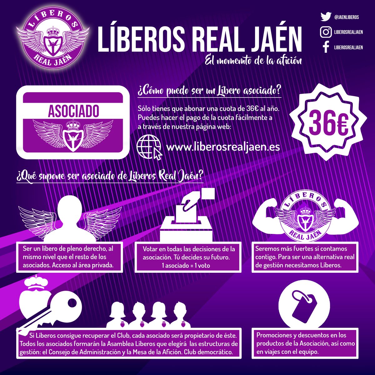¡Ha llegado #ElMomentoDeLaAfición! Ya puedes asociarte en liberosrealjaen.es/asociate

👤 Líbero de pleno derecho
🔑 Acceso a Área Privada
🗳️ Participar en las decisiones de la Asociación
💪 Fortalecer nuestra alternativa de gestión
⚽️ Apoyar el modelo de fútbol popular

#HalaJaén 💜